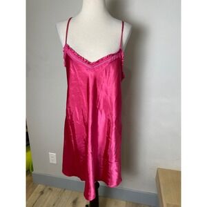 Morgan Taylor Intimates Hot Pink Satin Lace Trim Nightgown Y2K Chemise Large